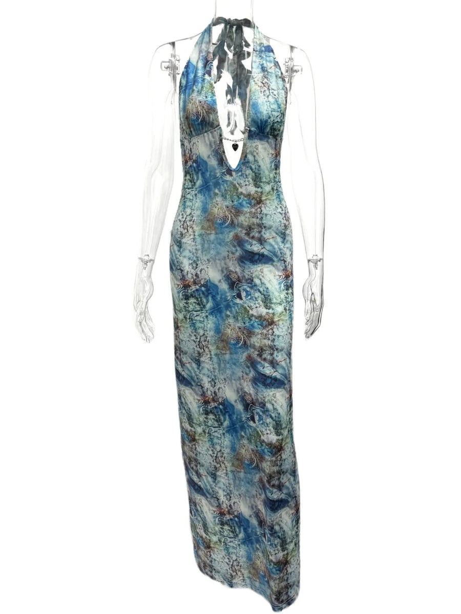 Trendsi maxi dress in blue and gray tones with a deep V neckline and halter straps Sexy Halter Dress