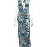 Trendsi maxi dress in blue and gray tones with a deep V neckline and halter straps Sexy Halter Dress