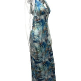 Trendsi sexy halter dress maxi length with blue and green abstract print on mannequin