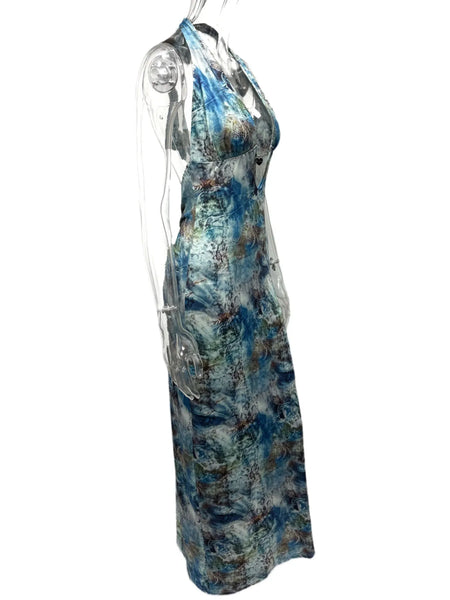 Trendsi sexy halter dress maxi length with blue and green abstract print on mannequin