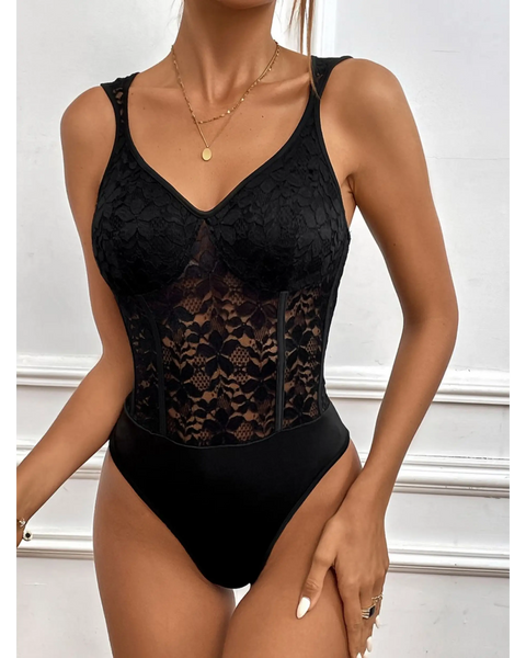 Babe Beachwaer black lace bodysuit with sheer floral design and sexy summer bodysuit tie back
