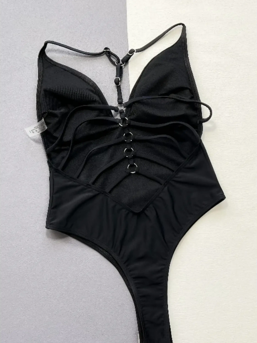 Beach Babes black sexy v-neck one-piece swimsuit with ring accents and adjustable straps