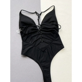 Beach Babes black sexy v-neck one-piece swimsuit with ring accents and adjustable straps