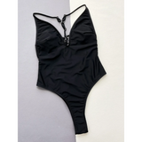 Beach Babes black sexy v-neck one-piece swimsuit with adjustable straps and deep neckline