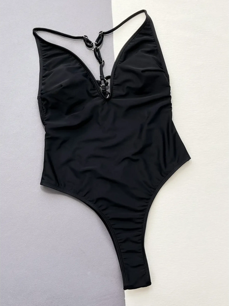 Beach Babes black sexy v-neck one-piece swimsuit with adjustable straps and deep neckline