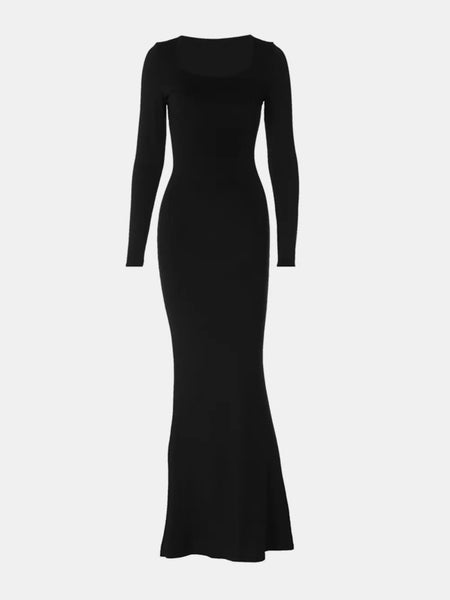 Trendsi black long sleeve Shapewear Maxi Dress with fitted silhouette and floor-length design