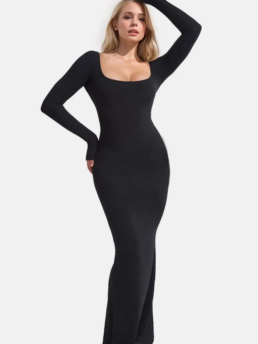 Trendsi black Shapewear Maxi Dress with long sleeves and square neckline on model