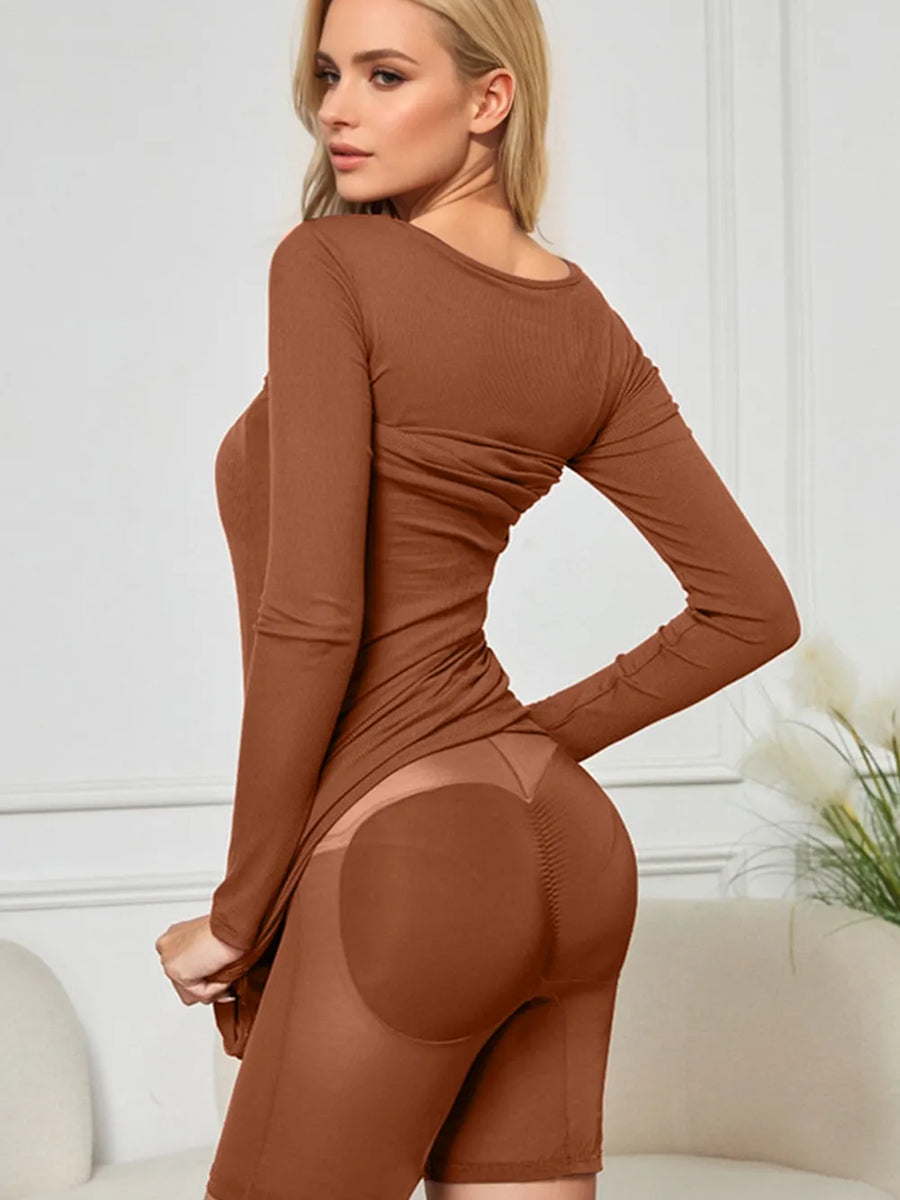 Trendsi brown Shapewear Maxi Dress with long sleeves and fitted design enhancing body shape