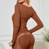 Trendsi brown Shapewear Maxi Dress with long sleeves and fitted design enhancing body shape