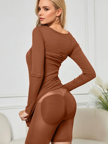 Trendsi brown Shapewear Maxi Dress with long sleeves and fitted design enhancing body shape