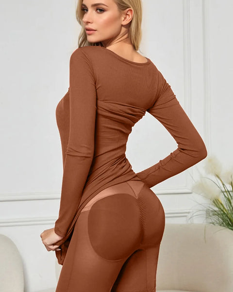 Trendsi brown Shapewear Maxi Dress with long sleeves and fitted design enhancing body shape