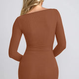 Trendsi brown long sleeve Shapewear Maxi Dress shown from back with fitted silhouette