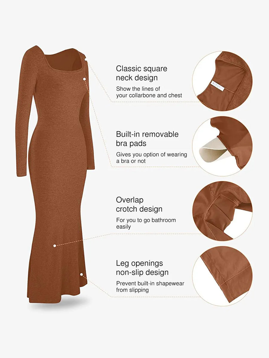 Trendsi shapewear maxi dress in brown with square neck, removable bra pads, overlap crotch, and non-slip leg openings