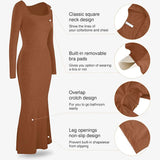 Trendsi shapewear maxi dress in brown with square neck, removable bra pads, overlap crotch, and non-slip leg openings