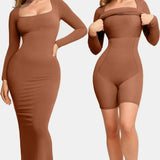 Trendsi Shapewear Maxi Dress in brown shown as full-length dress and built-in shaping bodysuit