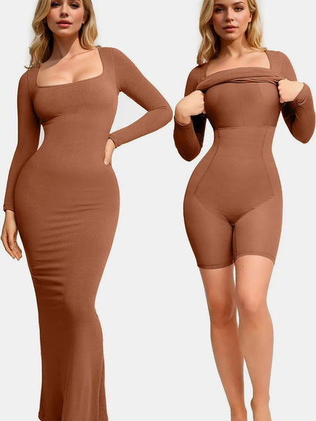 Trendsi Shapewear Maxi Dress in brown shown as full-length dress and built-in shaping bodysuit