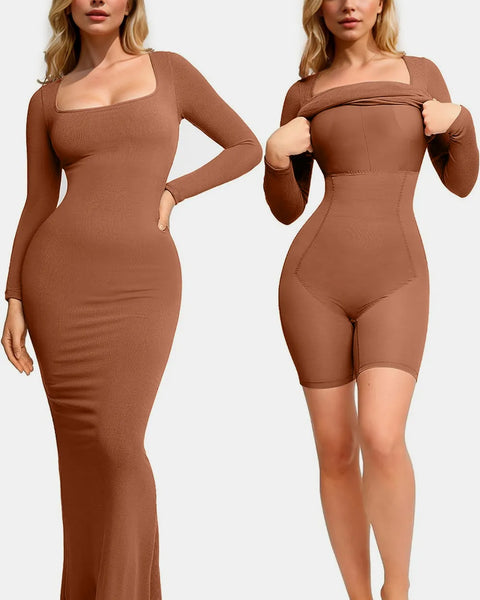 Trendsi Shapewear Maxi Dress in brown shown as full-length dress and built-in shaping bodysuit