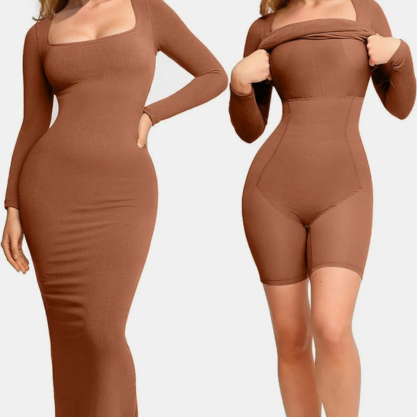 Trendsi Shapewear Maxi Dress in brown shown as full-length dress and built-in shaping bodysuit