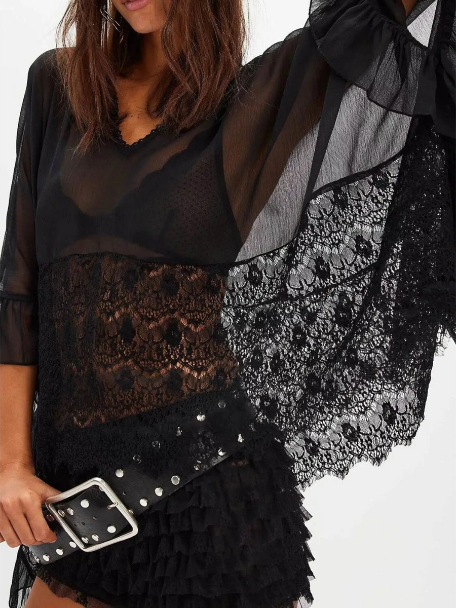 Babe Beachwear black coverup featuring sheer lace summer beachwear design with ruffled sleeves and delicate lace details