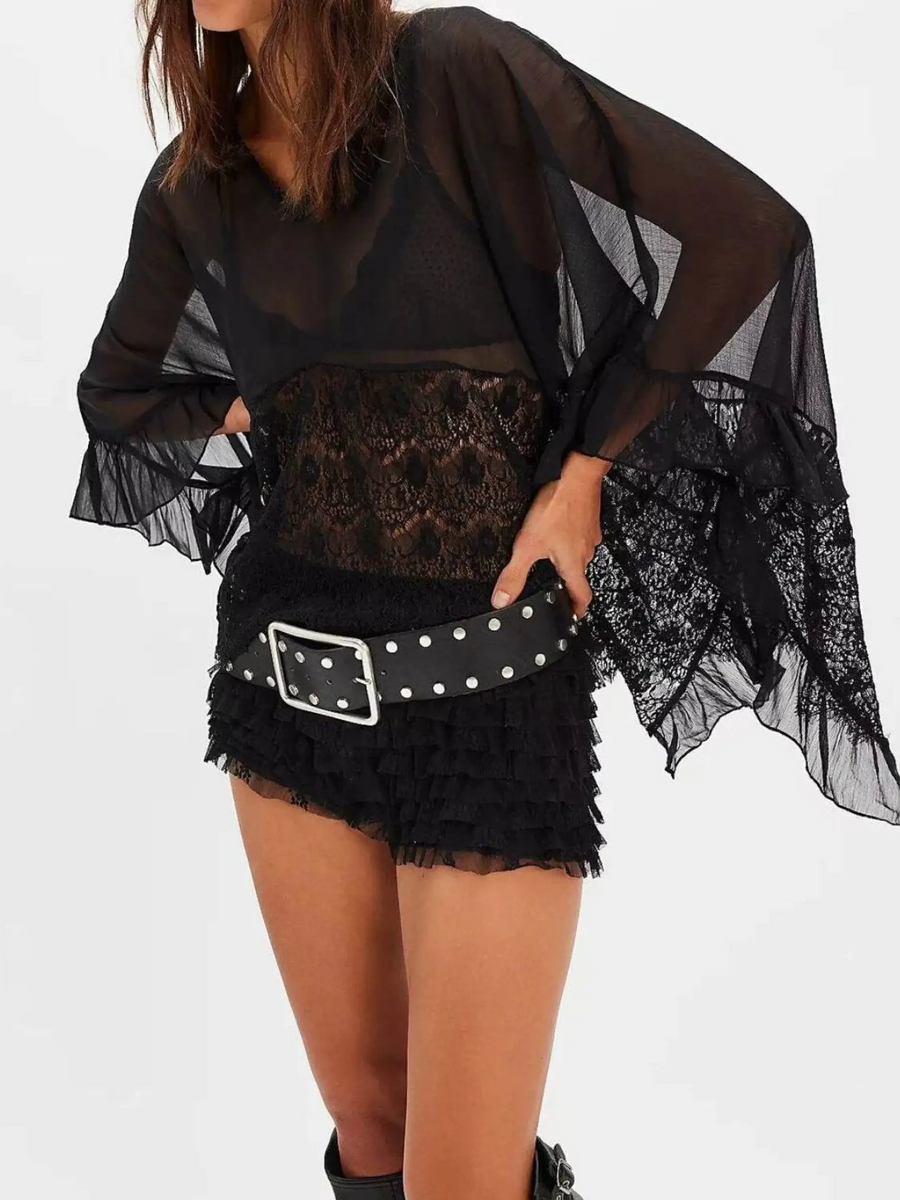 Black sheer lace summer beachwear coverup by Babe Beachwear with ruffle sleeves and floral lace detail