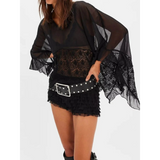 Black sheer lace summer beachwear coverup by Babe Beachwear with ruffle sleeves and floral lace detail