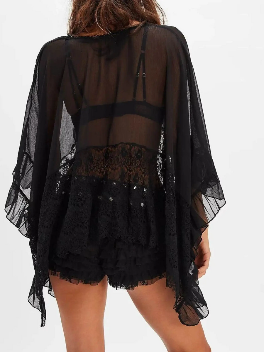 Babe Beachwear black sheer lace summer beachwear coverup with flowy sleeves and lace details