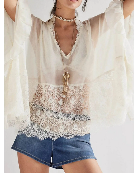 Babe Beachwear sheer lace summer beachwear coverup with delicate lace detailing and flowy sleeves