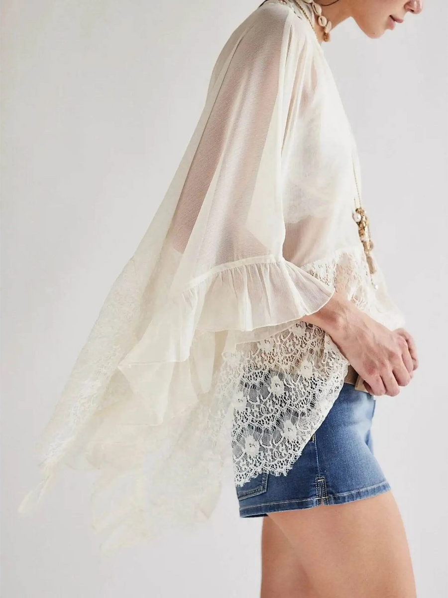 Babe Beachwear sheer lace summer beachwear coverup with delicate lace detailing and flowing sleeves