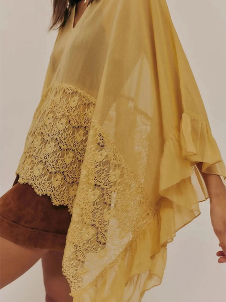 Yellow sheer lace summer beachwear coverup from Babe Beachwear with delicate lace detailing