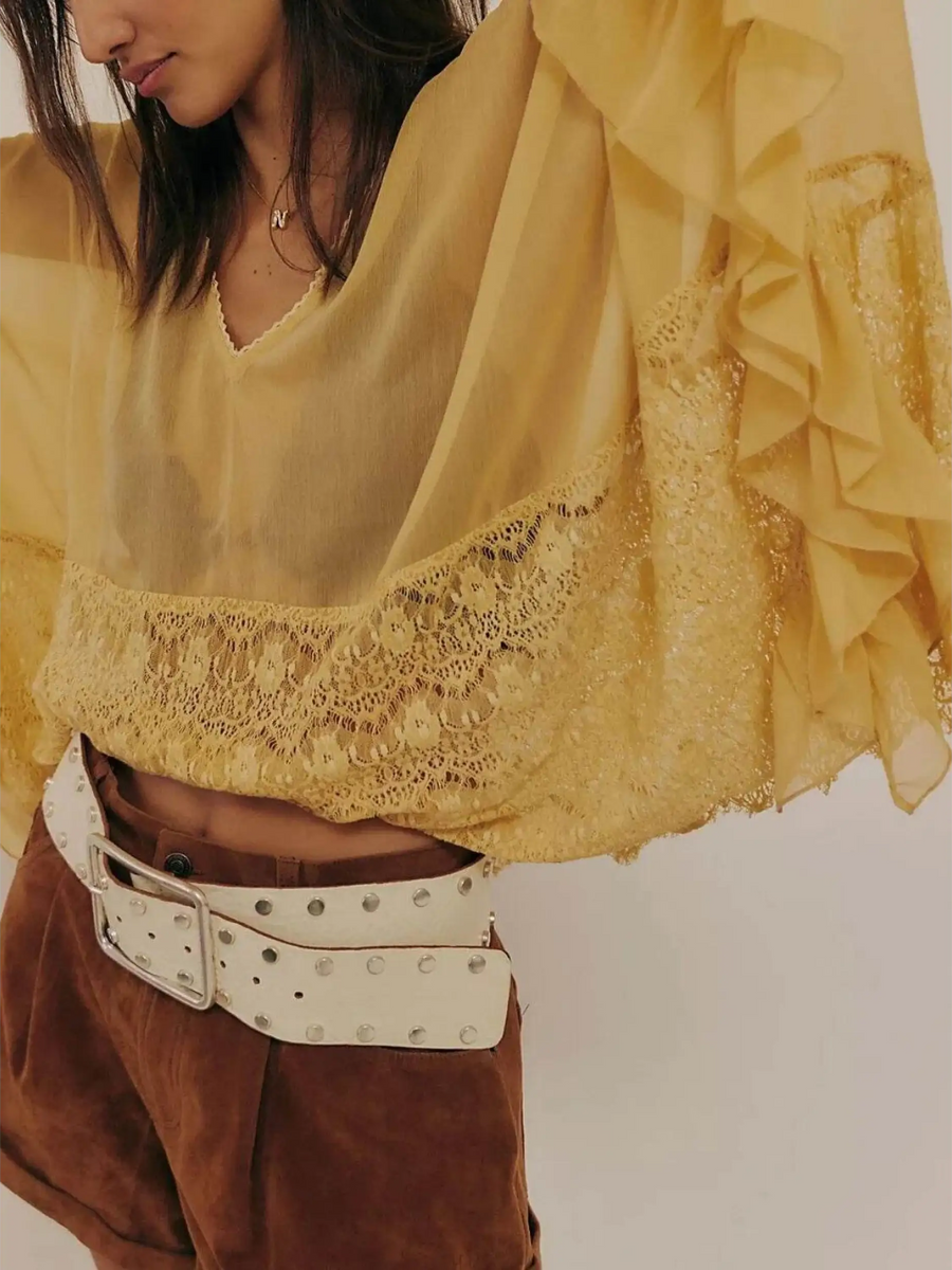 Babe Beachwear sheer lace summer beachwear coverup in soft yellow with ruffle sleeves and lace detailing