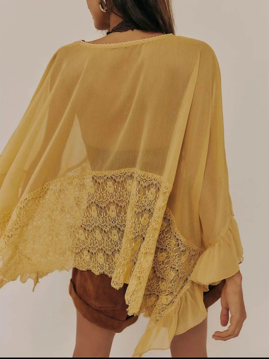Babe Beachwear yellow coverup featuring sheer lace summer beachwear design with ruffle sleeves