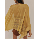 Babe Beachwear yellow coverup featuring sheer lace summer beachwear design with ruffle sleeves