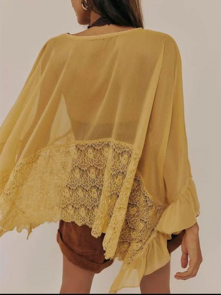 Babe Beachwear yellow coverup featuring sheer lace summer beachwear design with ruffle sleeves