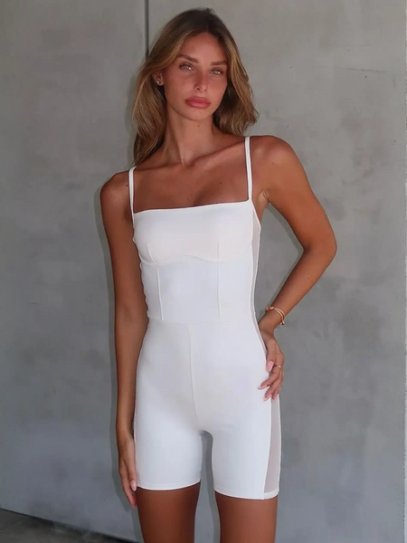 Babe Beachwear Sheer Sexy Athletic Romper in white with thin straps and fitted design