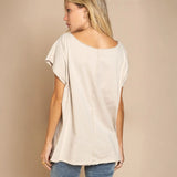 Beige short-sleeved peace sign tee in fitting room for Chic V-neck Beige Tee