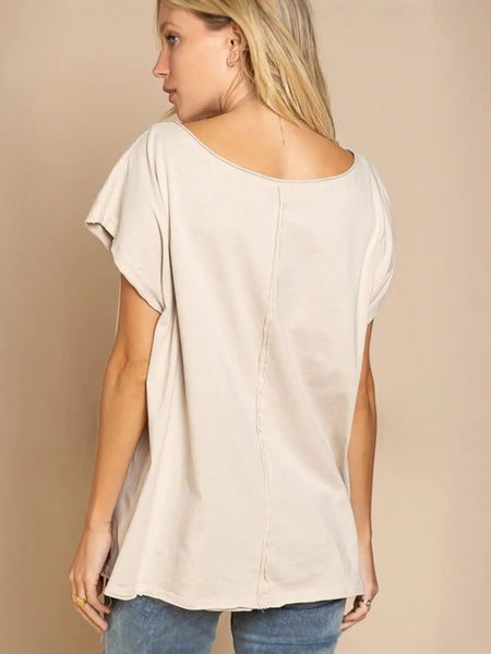 Beige short-sleeved peace sign tee in fitting room for Chic V-neck Beige Tee