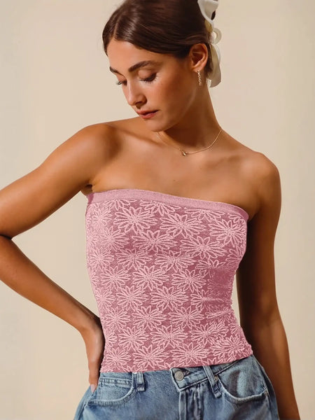 Pink floral lace two tone seamless tube top perfect for summer vibes