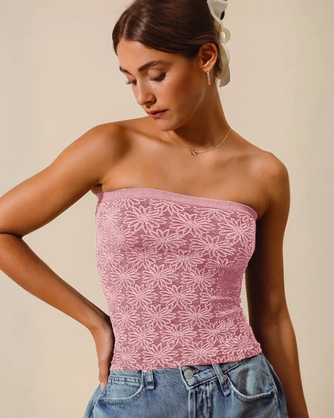 Pink floral lace two tone seamless tube top perfect for summer vibes
