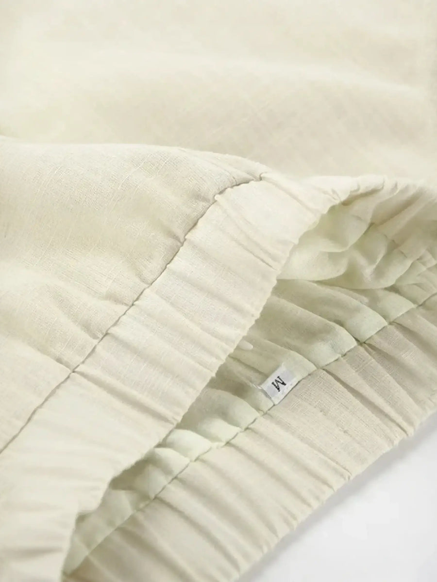 Beige elastic waistband on khaki lightweight shorts from Linen Khaki Shorts Set