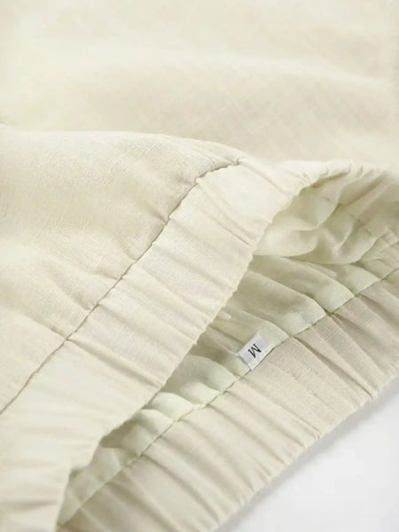 Beige elastic waistband on khaki lightweight shorts from Linen Khaki Shorts Set