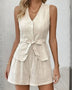 Beige linen two-piece set with khaki lightweight shorts for effortless style