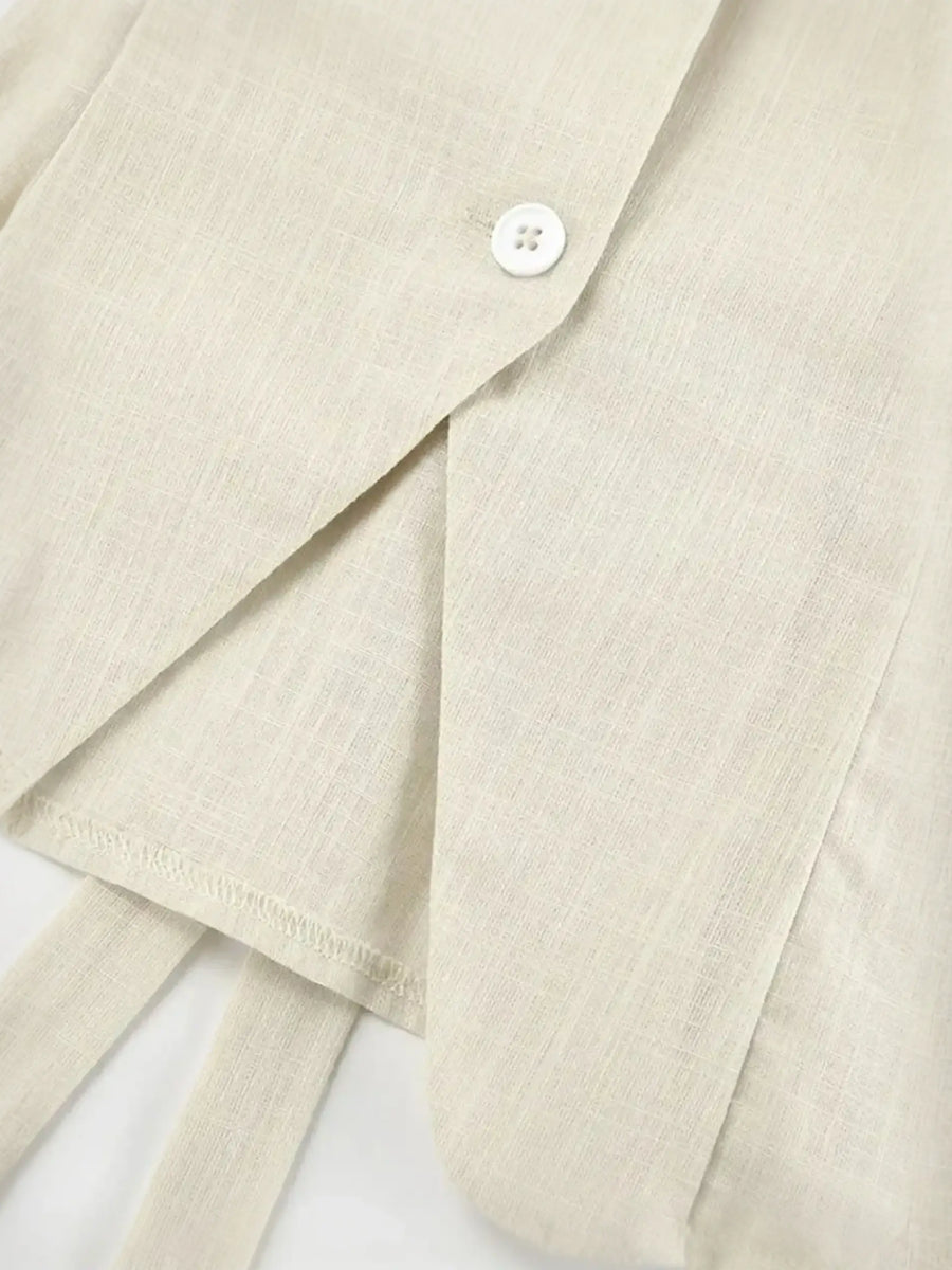 Beige linen blazer with button closure for Khaki Lightweight Shorts Set style