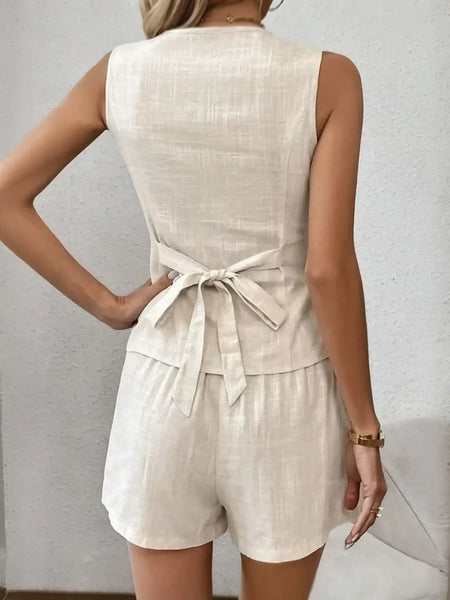 Beige linen vest and khaki lightweight shorts set for effortless style