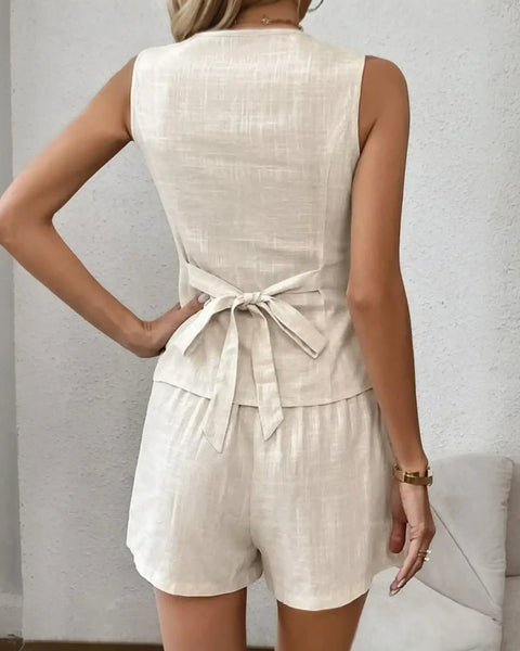 Beige linen vest and khaki lightweight shorts set for effortless style
