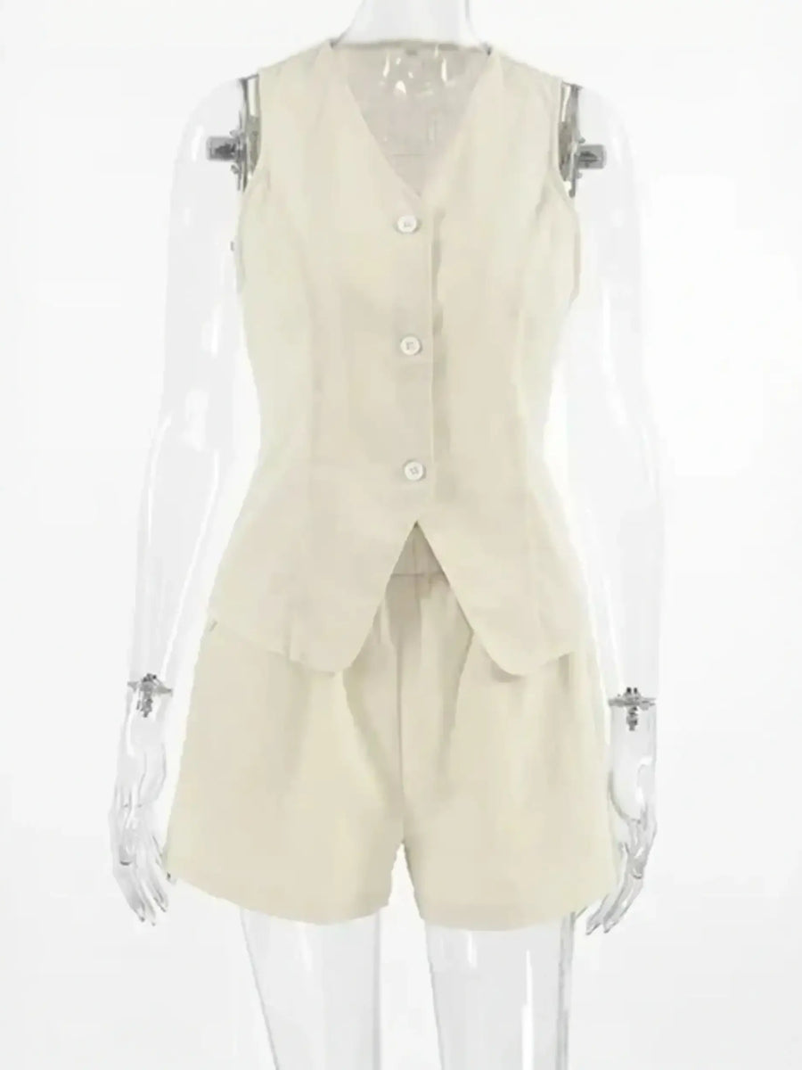 Beige linen khaki lightweight shorts set for a cool, effortless style look