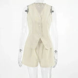 Beige linen khaki lightweight shorts set for a cool, effortless style look