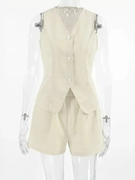 Beige linen khaki lightweight shorts set for a cool, effortless style look
