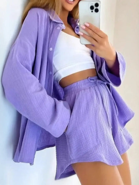 Lavender resort shorts and dressy short set for women perfect for a chic beach look