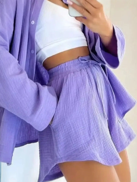 Lilac textured resort shorts and dressy short set for women, perfect for summer style