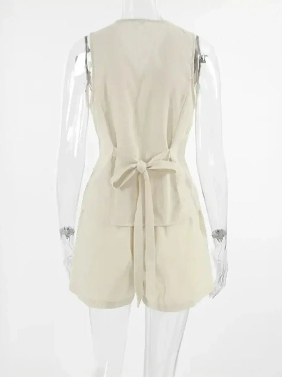 Sleeveless beige romper with tie from Beige Linen Khaki Lightweight Shorts Set